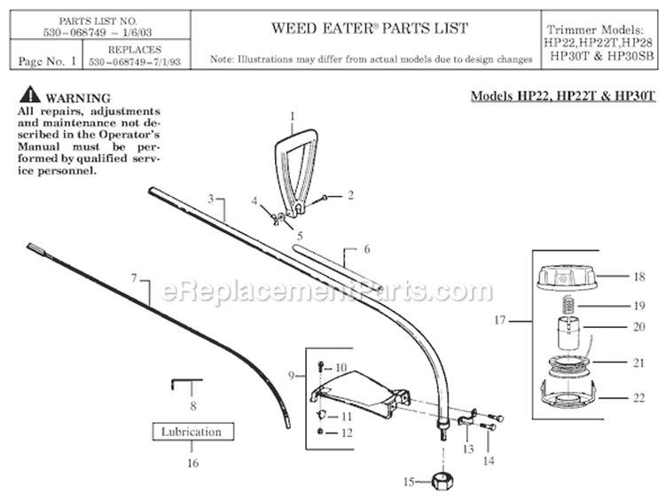 Page A Diagram and Parts List for HP22T  Weed Eater Trimmer
